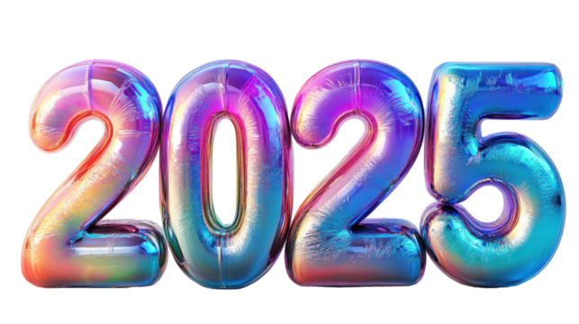 2025 text vibrant colors. PNG isolated on transparent background