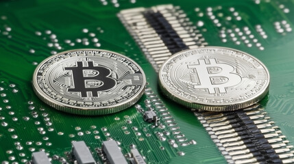 Gleaming silver-tone Bitcoin coins set against a green circuitry backdrop, symbolizing the convergence of cutting-edge technology and the modernization of global finance