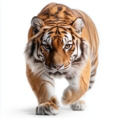 Fototapeta premium Full body tiger strides confidently with striking stripes against a clean white backdrop