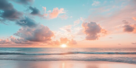 Obraz premium Dramatic cloudy sunset over the beach, showcasing vibrant hues as the sun sets. This captivating beach scene features a stunning display of colors against the cloudy sunset backdrop.