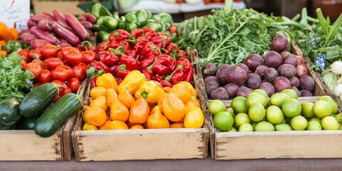 Vibrant array of fresh fruits and vegetables on display, showcasing healthy eating with organic products. Seasonal produce highlights the charm of a local market and supports small businesses.