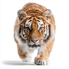 Fototapeta premium Full body tiger strides confidently with striking stripes against a clean white backdrop