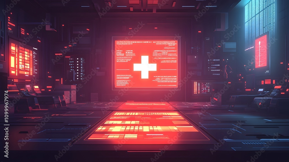 Aufkleber futuristic digital workspace with red and black color scheme featuring a large central screen displa