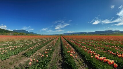 A cheerful field of tulips in full bloom, stretching across the landscape under a sunny sky. The brilliant colors of the flowers and clear blue sky capture the essence of springtime.