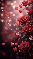 Romantic red roses surrounded by heart shapes with sparkling background