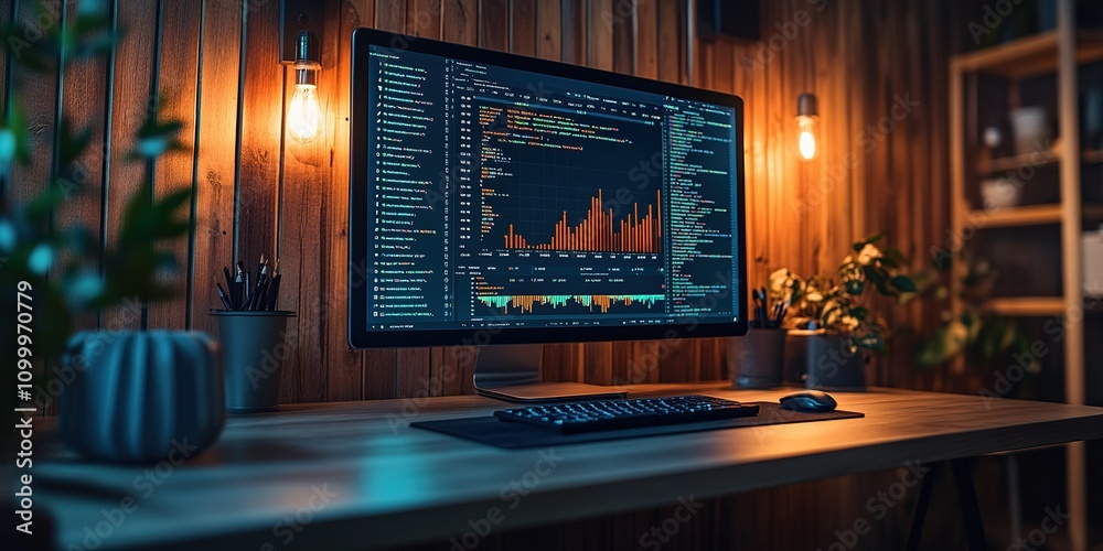 Poster modern workspace featuring a computer with coding and data visualization in a cozy, well-lit environ