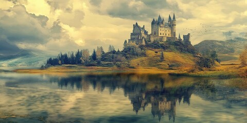 Naklejka premium View of a castle on a hill reflected in a lake, enhanced through fine art editing, showcasing the enchanting landscape and striking architectural beauty of the castle.