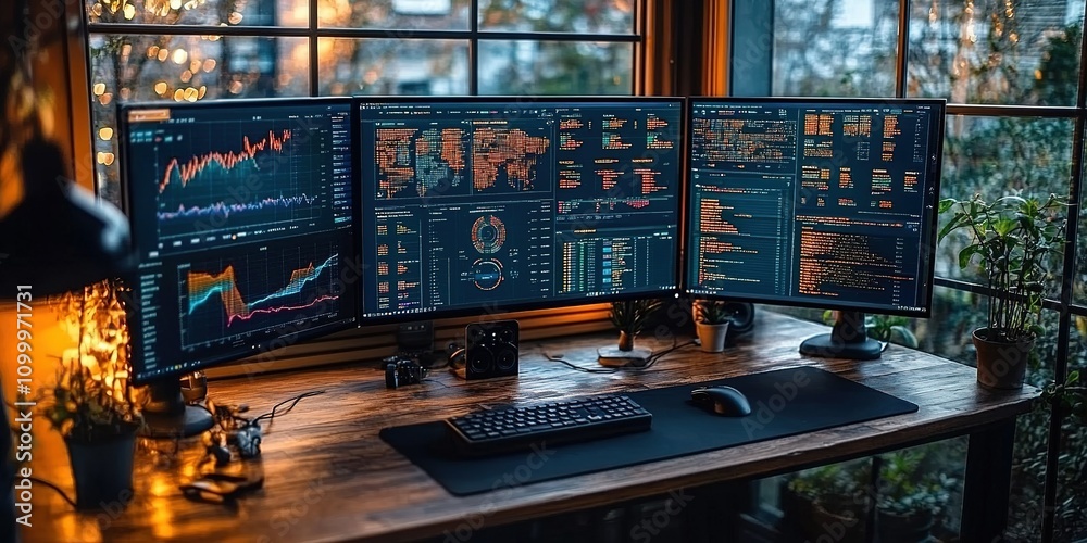 Poster multiple computer monitors display data analytics and financial graphs in a cozy office setting duri