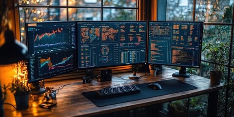 Multiple computer monitors display data analytics and financial graphs in a cozy office setting during evening hours