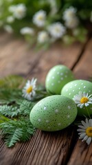 Obraz premium Decorative green eggs arranged on a rustic wooden surface with flowers and greenery