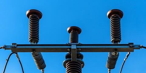 Close up of the air power line support shows wires, insulators, fittings, and a lightning rod, set against a clear blue sky highlighting the details of the high voltage power line.