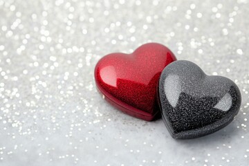 Fototapeta premium Red hearts resting on a glittery surface for a romantic celebration or decoration