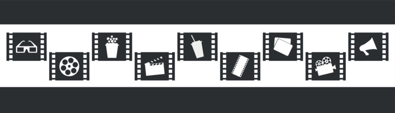 recommend clip art: Cinema movie icon silhouettes in filmstrip frames. 3D glasses, film reel, popcorn, clapperboard, soda, film strip, cinema tickets, movie camera and megaphone