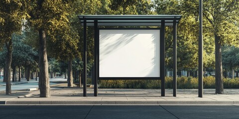 Vertical view of a bus stop featuring a blank mockup on an advertising billboard an empty advertisement template displayed at a public transport station alongside the road.