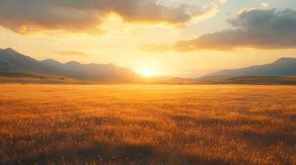 Fototapeta premium Golden Sunset Over Grassy Field And Mountains