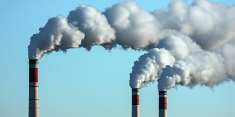 High smokestacks emitting smoke highlight industrial pollution, showcasing the impact of factory smokestack exhaust gases on the environment. Industrial factory smokestacks remain a significant