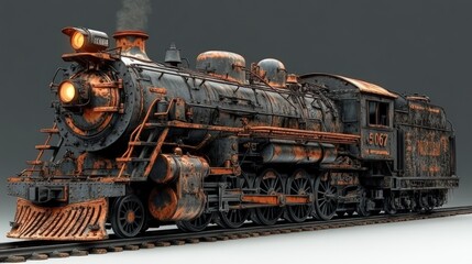 Obraz premium Rusty vintage steam locomotive, weathered, aged, dark, on tracks.