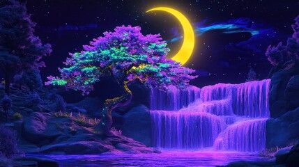 Obraz premium A glowing purple pine tree with radiant blue and green leaves stands under moonlight in front of purple waterfalls. The yellow crescent moon and neon blue streaks add to the mystical landscape.