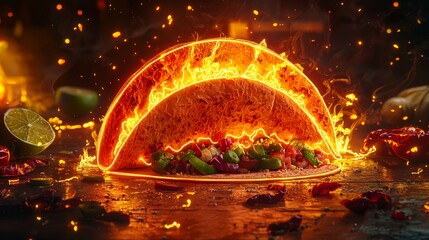 Flaming taco delight vibrant kitchen food photography culinary art close-up spicy flavor concept for food lovers