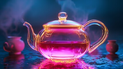 Steaming colorful teapot with glowing aura cozy kitchen drink photography mystical environment close-up view tea concept
