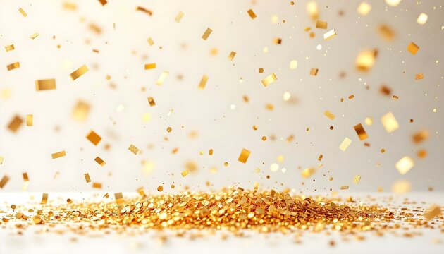 Golden falling foil confetti with glitter. Gold celebration, festive background, decoration - Powered by Adobe