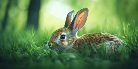 Close up of a rabbit resting on lush green grass, showcasing the rabbit s features in detail against a softly blurred background, highlighting the serene environment of the rabbit.