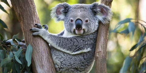 Fototapeta premium Koala in an unusual position, showcasing the unique and intriguing behaviors of koalas. This image highlights the fascinating, quirky positioning of a koala in its natural habitat.