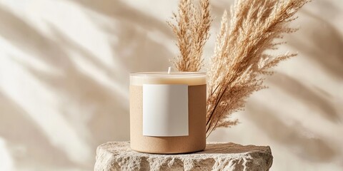 Candle featuring a blank paper label rests on a beige stone alongside dried pampas grass, creating a close up view perfect for boho brand packaging mock ups. Ideal for home decoration in a nature