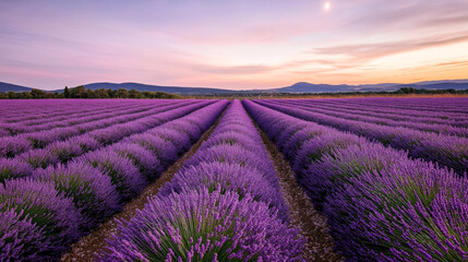 Obraz premium Vast lavender fields during sunset with rows of blooming purple flowers extending towards distant hills under a colorful sky.