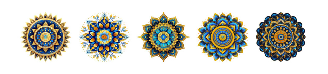 Decorative Mandalas. Intricate Blue and Gold Designs on White Transparent Background