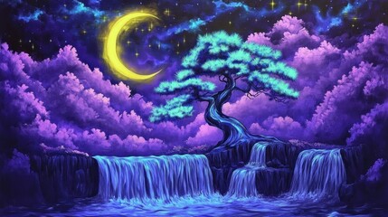 Obraz premium A magical scene with a purple pine tree glowing with blue and green leaves under moonlight. Purple waterfalls cascade behind, with a yellow crescent moon and neon blue streaks in the sky.