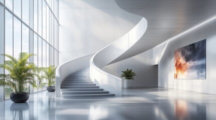 Fototapeta premium Realistic photograph of an office lobby, bright daylight, with a sleek design incorporating neutral tones, modern architecture, and a polished reception area, no harsh shadow, no people