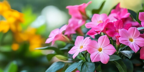 Vibrant pink flower of Catharanthus rose, showcasing close up details amidst garden flowers, adds a stunning touch to any pot flower arrangement in a beautiful outdoor setting.