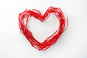 Minimalist heart shape made from thin, intertwined red lines on a white background, symbolizing love.
