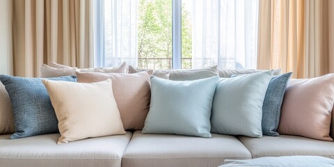 Pastel pillows adorn a sofa in a warm and inviting living room. This cozy living room interior features soft pastel pillows, enhancing the overall atmosphere of comfort and relaxation.