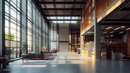 Obraz premium A modern warehouse with aluminum profiles stored on vertical racks, with natural light streaming through windows