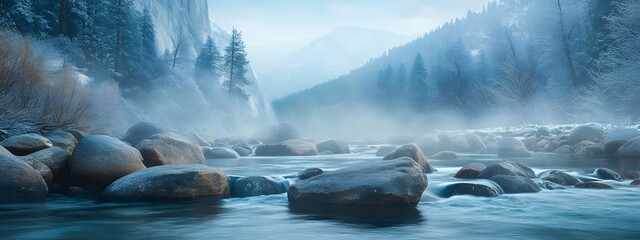 A river with rocks in the foreground, Yosemite National Park, blue sky, misty mountains in the background