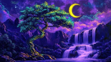 Fototapeta premium A mystical purple pine tree with radiant blue and green leaves stands against a background of purple waterfalls under moonlight