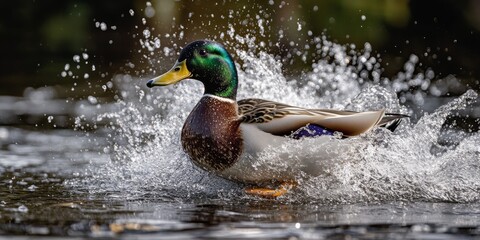 Fototapeta premium Mallard duck joyfully splashing and playing in the water, showcasing the playful nature of the mallard duck as it interacts with its aquatic environment in a delightful scene.