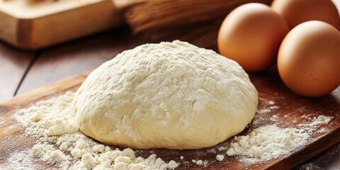 Fototapeta premium Essential ingredients for dough include eggs, flour, and yeast, which are crucial for creating the perfect dough texture and flavor. Elevate your recipes with quality dough ingredients.