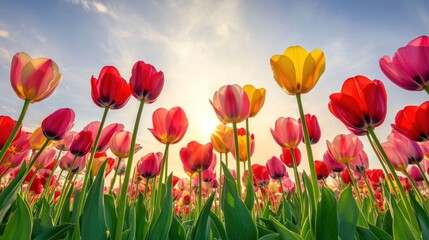 Fototapeta premium A panoramic view of a vibrant tulip field in full bloom, with shades of red, pink, and yellow under a clear, sunny sky. The rows of tulips create a joyful display of nature colors.