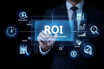 ROI Analysis Concept. Businessman using digital icons for ROI analysis, including graphs, percentages, and financial symbols, highlighting investment strategies and financial management