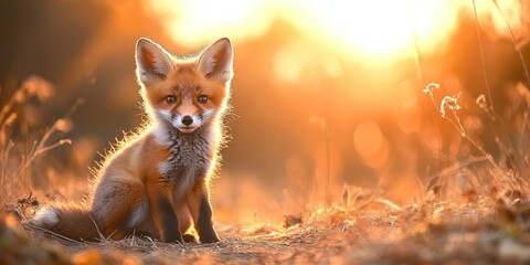Playful red fox kit enjoying a sunny evening, showcasing the natural beauty and charm of the red fox kit in its vibrant habitat during a delightful sunset.