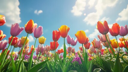A picturesque field of tulips in full bloom, with colorful flowers reaching towards a bright blue sky. The sun shines down, enhancing the vibrant colors and creating a scene of pure spring beauty.