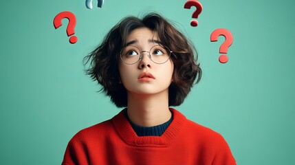 A young Asian woman with curly hair, wearing glasses and a red sweater, looks thoughtfully upward with question marks floating around her.