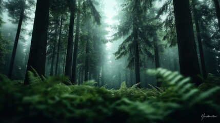 Fototapeta premium Serene misty forest with tall evergreen trees and lush green ferns on the forest floor.