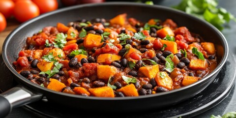Close up of vegetarian fried sweet potato and black bean chili with tomatoes simmering in a pan on a table. This vegetarian sweet potato chili showcases vibrant colors and rich flavors.