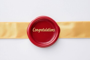 Elegant red wax seal with the word "Congratulations" in gold script on a golden satin ribbon against a white background, perfect for celebration themes and certificate designs.