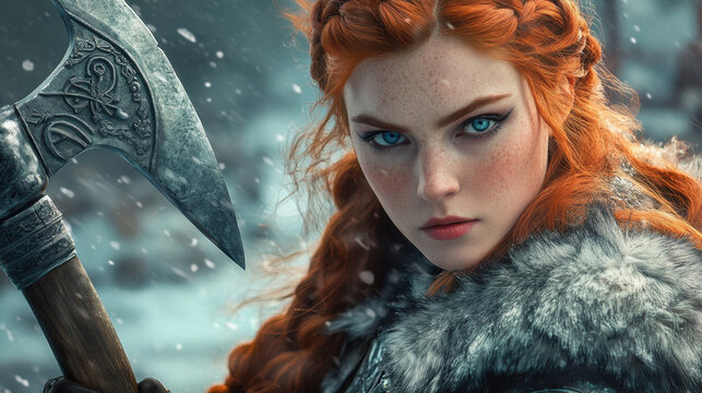 Beautiful red-haired Viking woman in winter armor and fur cape holding an axe