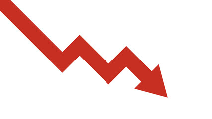 Decrease or decline concept. A bold, downward zigzag-shaped, vibrant red arrow on a clean white backdrop. For reducing trends and downturns themes.